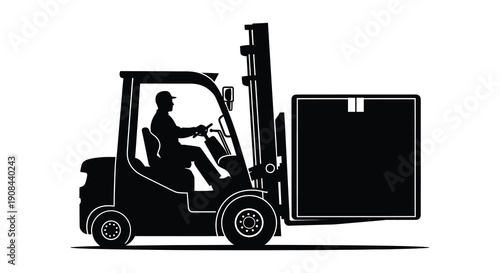 A black silhouette depicts a forklift truck operated by a worker wearing a cap showcasing industrial logistics silhouette