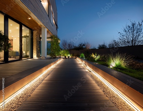 sleek led strip lighting enhances a modern patio and garden walkway at night with minimalist design
