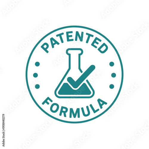 A teal circular emblem displaying patented formula with a flask icon