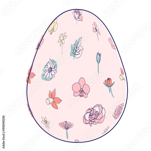 Happy Easter eggs, trendy design with hand-drawn spring flowers. Modern art minimalist style. Vector illustration