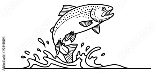Minimalist line art illustration of a trout fish jumping out of the water with splashes