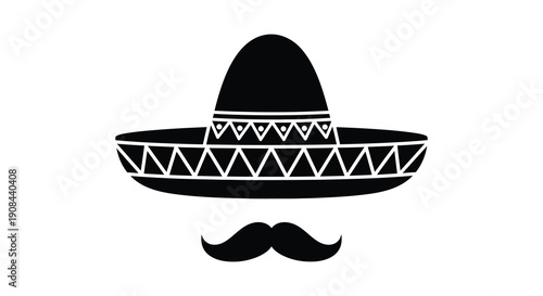 A striking black silhouette depicts a traditional mexican sombrero and mustache evoking cultural imagery silhouette high quality professional