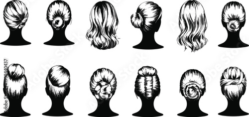 Back view set of female hairstyles and messy bun illustrations isolated on white background, black and white ink sketch hair bun collection for design
