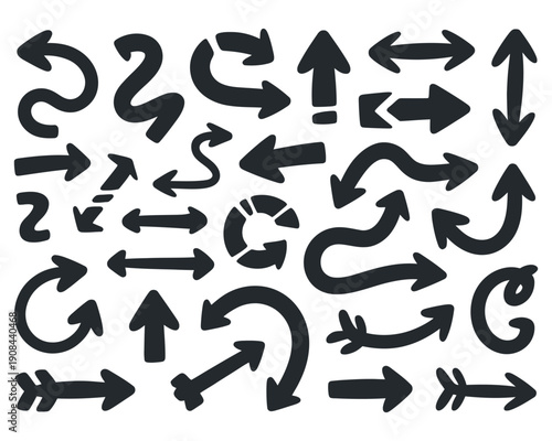 Assortment of bold stylized arrows showing various thick curved winding right angle and directional movements