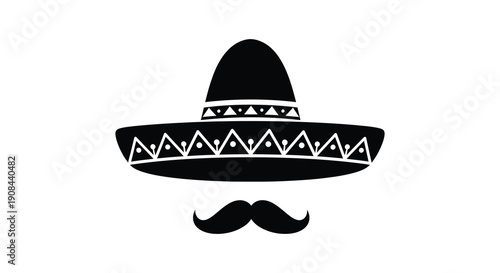 A striking black silhouette depicts a traditional mexican sombrero and mustache creating a cultural icon silhouette high quality