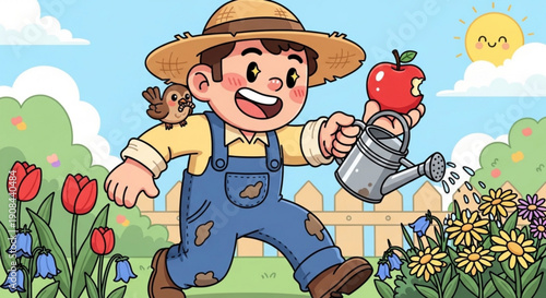 Happy gardener boy watering plants with apple and bird on shoulder sunny day