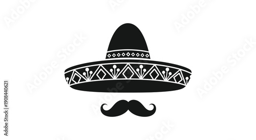 A detailed black silhouette of a traditional mexican sombrero and mustache showcasing cultural artistry silhouette high quality professional