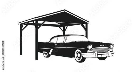 A striking black and white image showcases a vintage car parked under a simple carport structure silhouette