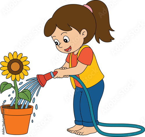 Cute cartoon illustration of a little girl watering a potted sunflower with a garden hose isolated on a white background