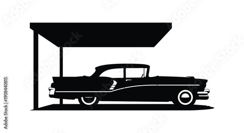 A classic 1950s automobile is parked under a carport presented as a striking black silhouette high quality professional