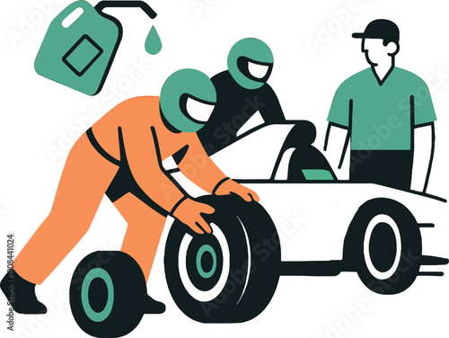 Racing pit crew changing a tire on a white race car