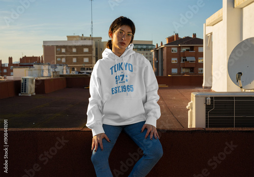 Real photo of woman Wearing Hoodie for mockup