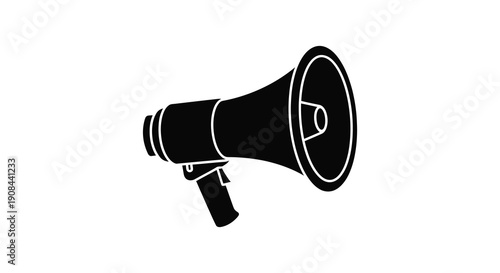A stark black silhouette of a vintage megaphone angled slightly to the right against a white backdrop silhouette