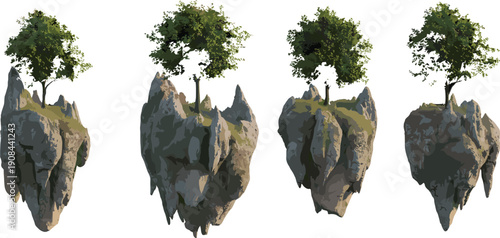 Fantasy floating islands illustration, lush green trees, surreal landscape, whimsical environment, imaginative artwork, magical design, nature concept, dreamlike scene