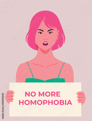 Woman protesting homophobia holding a sign with urgency