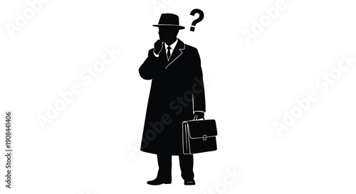 A mysterious man in a fedora suit and with a briefcase contemplates a question mark silhouette high quality