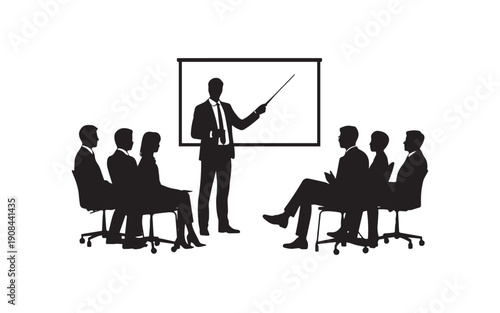 A Professional Minimalist Vector Silhouette Illustration Showing a Business Presentation with a Speaker and Audience