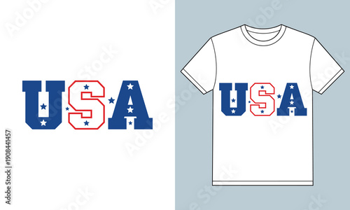 USA T-Shirt Graphic with Stars and Stripes Text Design