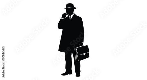 A distinguished man in a suit and hat holding a briefcase is depicted in stark contrast as a silhouette