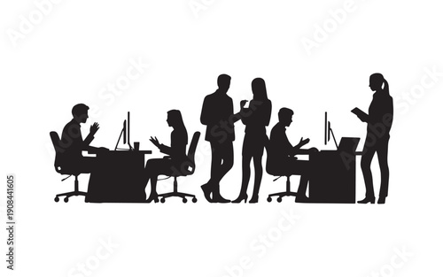 Minimalist Vector Silhouette Office People Working Busy Professional Scene