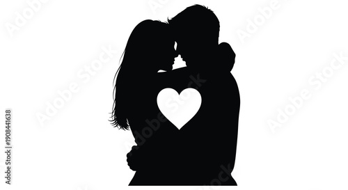 A romantic couple embraces tenderly with a heart shaped space between them depicted as a stark silhouette