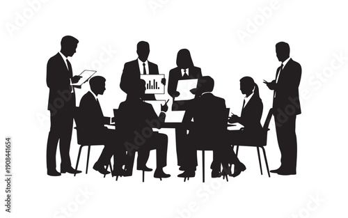 Minimalist Silhouette Vector Illustration Depicting a Professional Business Meeting and Collaborative Discussion