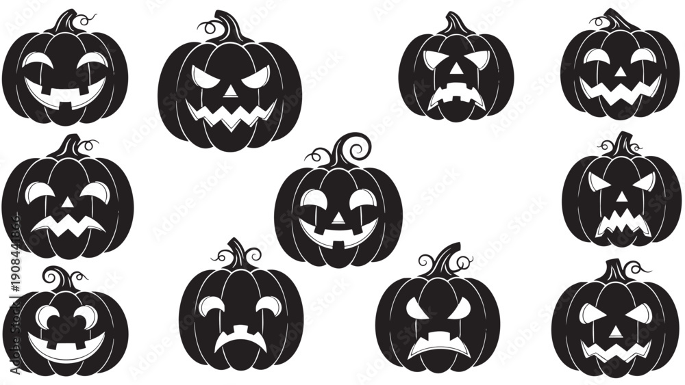Obraz premium Collectionofscaryhalloweenpumpkinfacesisolatedontransparentbackground