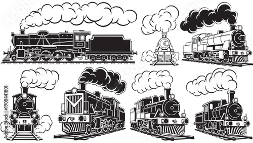 Collection of vintage steam trains isolated with transparent background