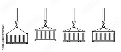 Shipping container being lifted by crane hook in port logistics, vector illustration showing industrial cargo handling, freight transport, and dockyard operations for shipping and transport graphics.