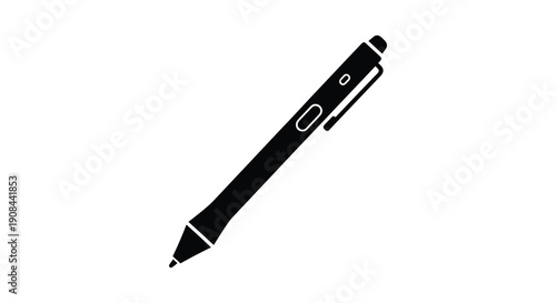 A stark black silhouette of a modern ballpoint pen diagonally positioned against a white background silhouette high quality