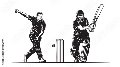 Cricket bowler and batsman in action during a match