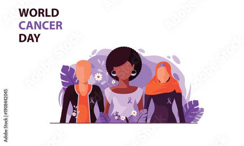 World cancer day showing diverse women wearing awareness ribbons