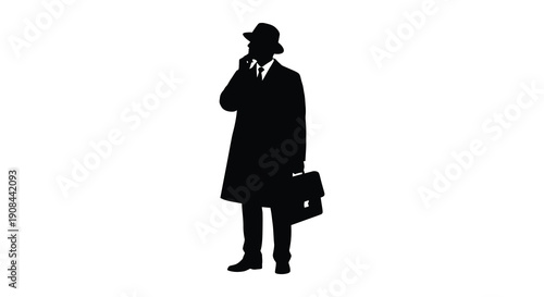A distinguished man in a coat and hat stands with a briefcase depicted as a striking silhouette