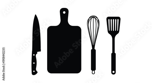 A collection of black kitchen utensils a knife cutting board whisk and spatula in silhouette