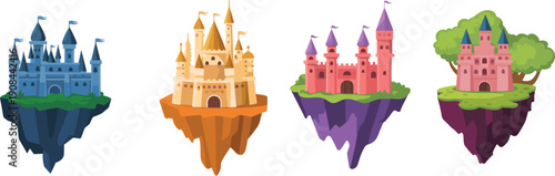 Fantasy floating islands with castles, colorful fortress artwork, whimsical landscape design, magical kingdom illustration, imaginative scenery, surreal architecture concept