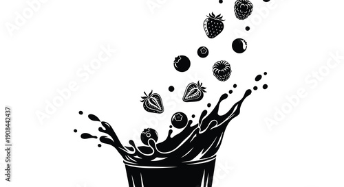 A dynamic splash of dark liquid erupts from a glass scattering berries in a striking black silhouette