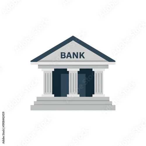 Classic bank building illustration with columns and triangular roof.