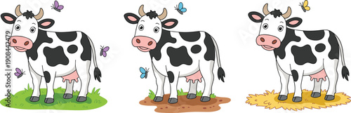 Cute cartoon cow characters set standing on grass dirt and hay with butterflies, spotted dairy cattle mascot illustration for children farm education and design
