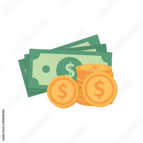 Stacks of dollar bills and gold coins illustration.