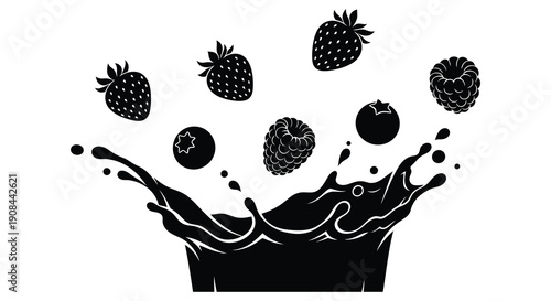 A dynamic splash of dark liquid erupts upwards scattering various berries in a striking silhouette high quality professional