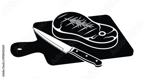 A stark black and white silhouette of a raw steak resting on a cutting board with a knife a culinary depiction silhouette