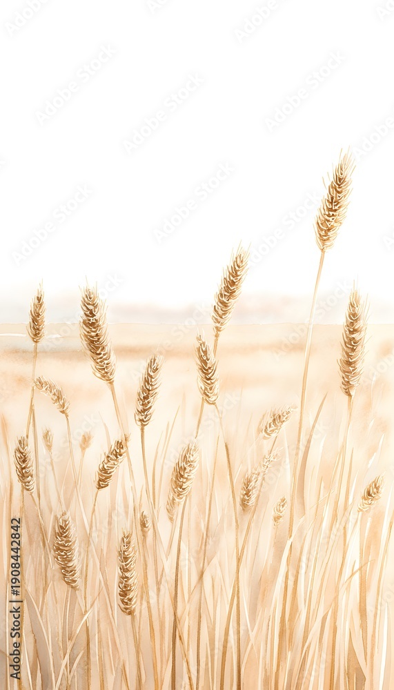 Obraz premium Serene watercolor wheat field illustration evokes a tranquil pastoral landscape bathed in golden sunlight