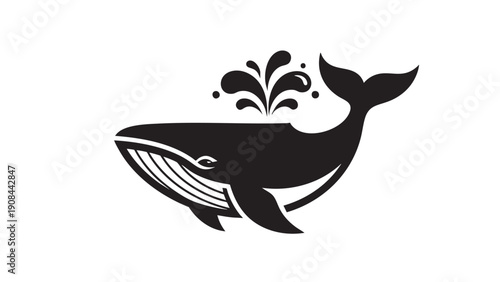 Cute whale illustration with water splash isolated on transparent background