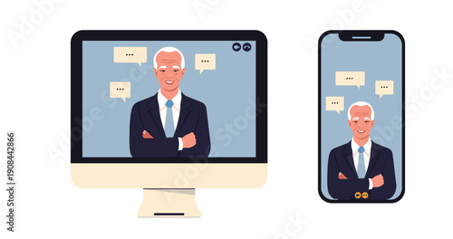 Senior man participating in online video call meeting