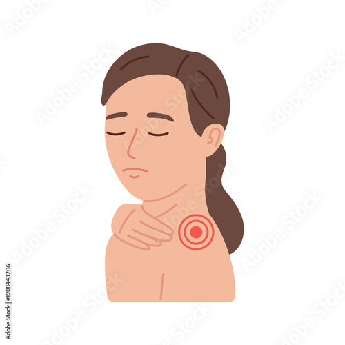 Woman experiencing shoulder pain, with her hand on her neck. Muscle injury or joint inflammation concept. Healthcare and medical concept. Vector illustration