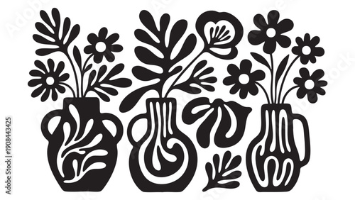 Decorative floral vases with stylized flowers and leaves illustration