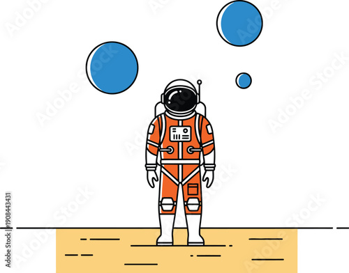 An astronaut stands on a sandy surface with blue circles floating in the white space above.