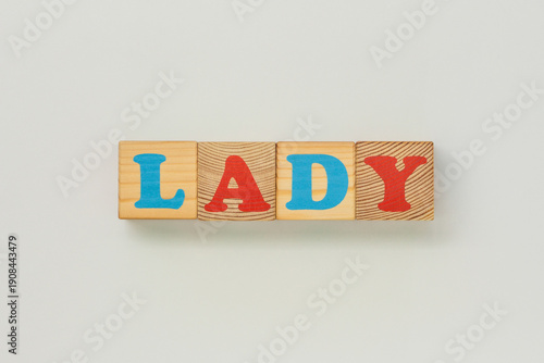 Wooden alphabet cubes spelling Lady in primary colors