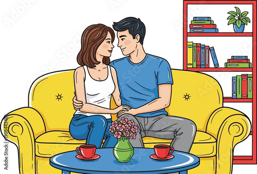 A couple sits on a sofa, looking at each other affectionately, with coffee cups on a table.