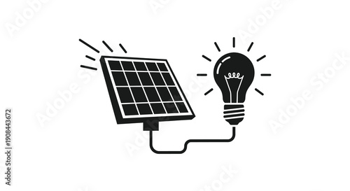 A black graphic depicts a solar panel connected to a lightbulb representing renewable energy solutions a silhouette